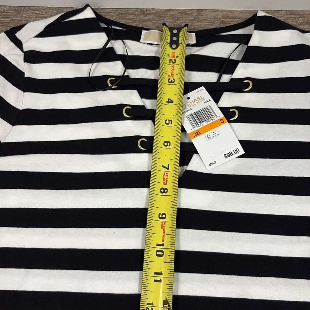 NEW Michael Kors Short Sleeve Lace Detailed Neckline Striped Dress Size Small